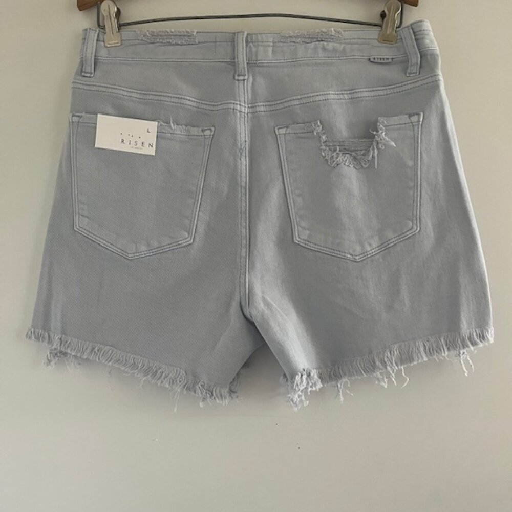 Risen High Rise Distressed Detail Shorts in Ice Blue - Picture 4 of 5